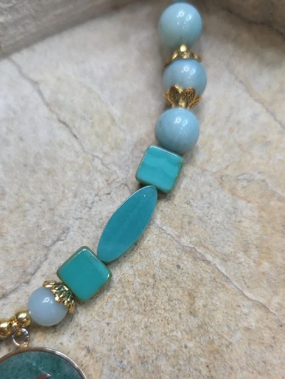 10K Solid Gold Aisan Jade Pendant On Amazonite & Glass Beads Necklace & Earring